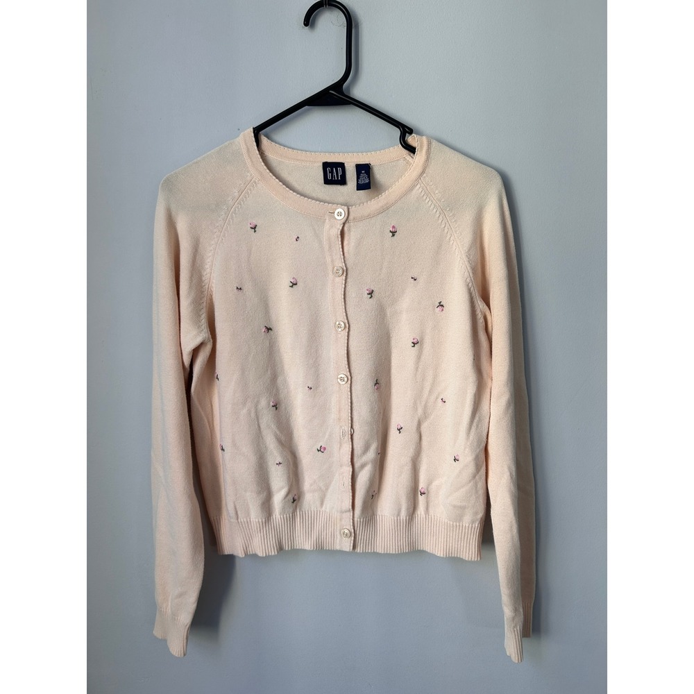 Gap Women Peach Pink Embroidered Rosebud Cotton Cardigan Sweater Size M